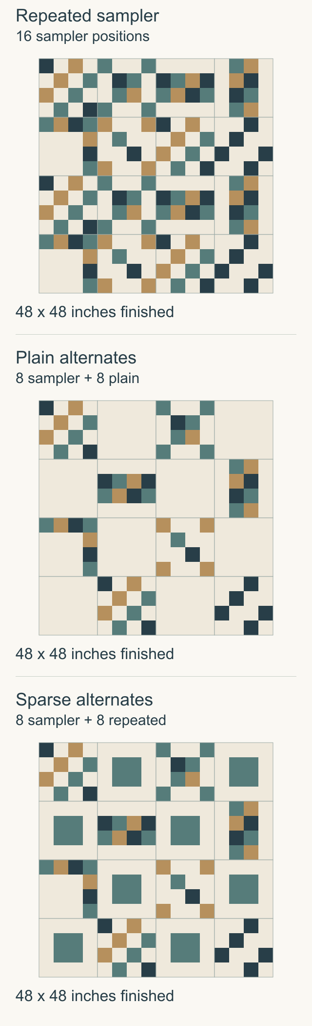 Three 48-inch-square layouts: sixteen sampler blocks with no spacing, eight sampler blocks alternating with eight plain cream squares, and eight sampler blocks alternating with eight cream squares that have 6-inch teal centers