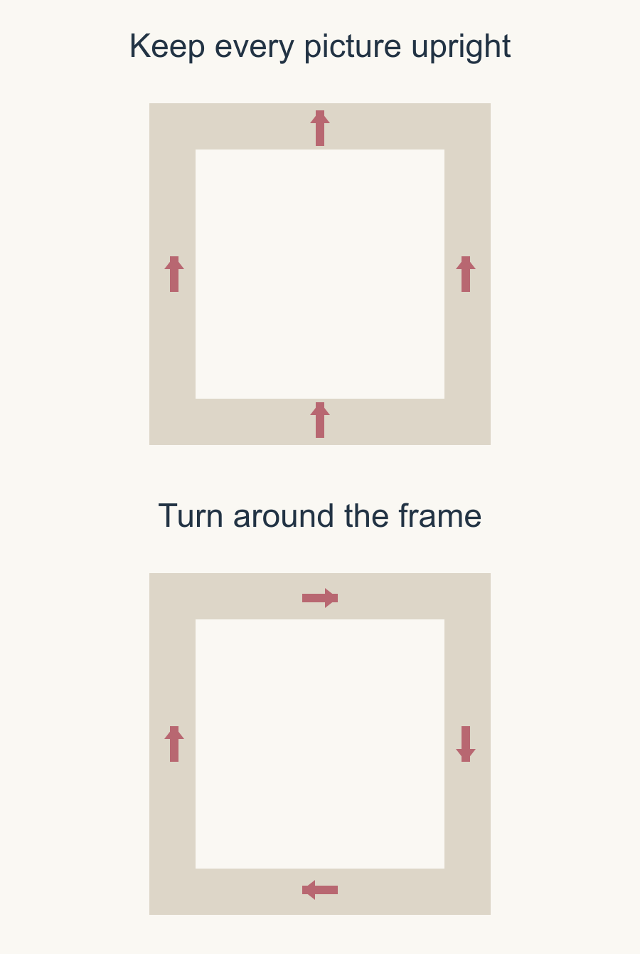 Two quilt frames show all four border arrows pointing toward the top in one layout and clockwise around the perimeter in the other.