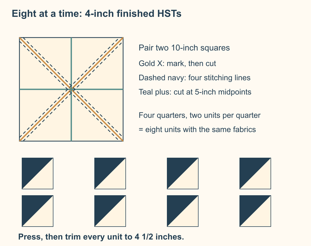 Original ten-inch square diagram showing four dashed stitching lines, two diagonal cuts, vertical and horizontal midpoint cuts, and eight HST outputs