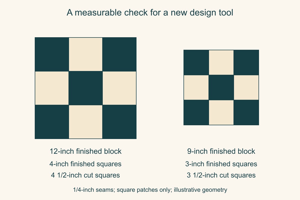 Original 12-inch and 9-inch checker blocks labeled with 4 1/2-inch and 3 1/2-inch square cut sizes
