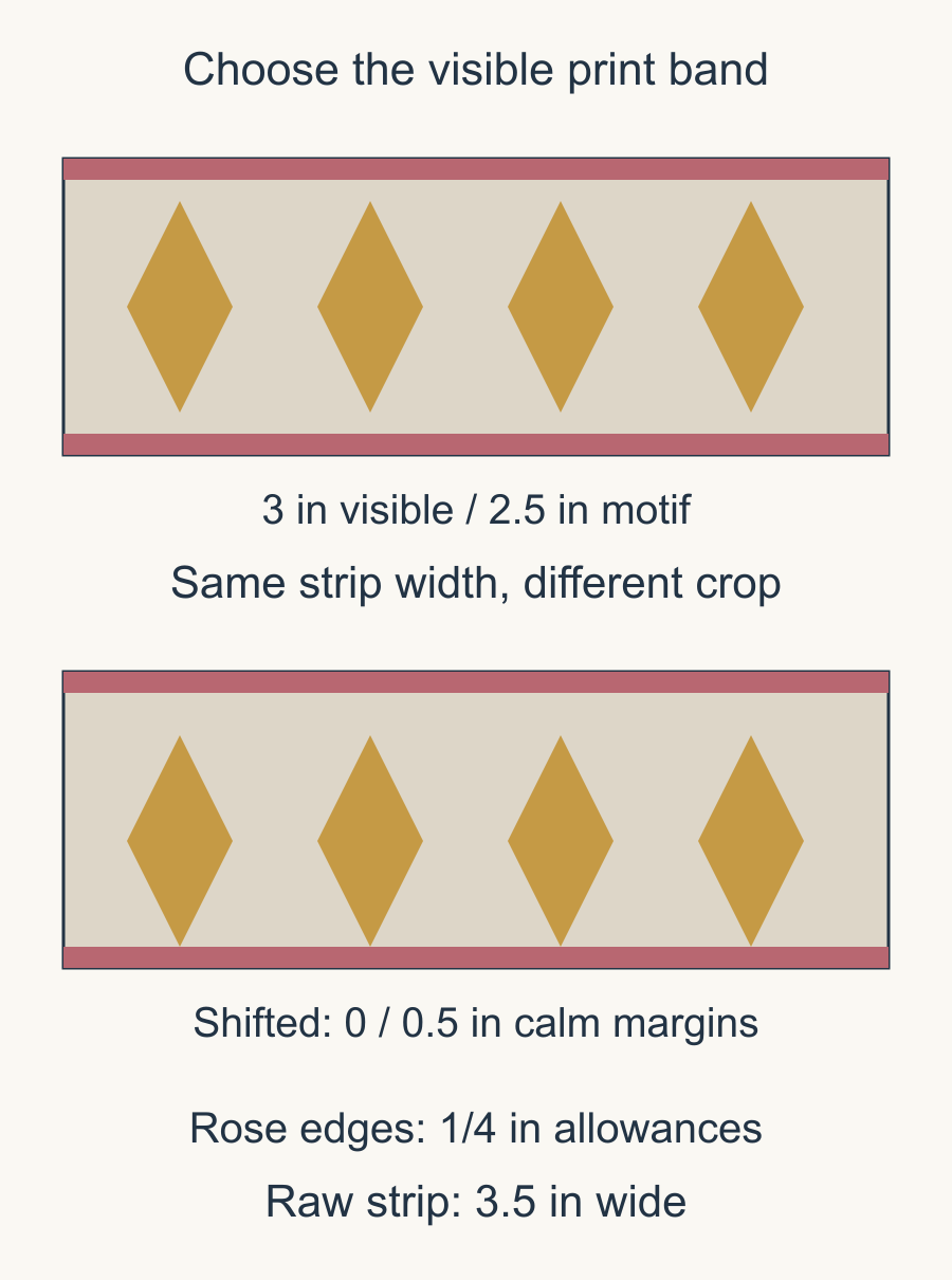 A 3.5-inch raw strip contains a 3-inch finished window and a 2.5-inch motif. A second band shows how shifting the window changes the visible margins.