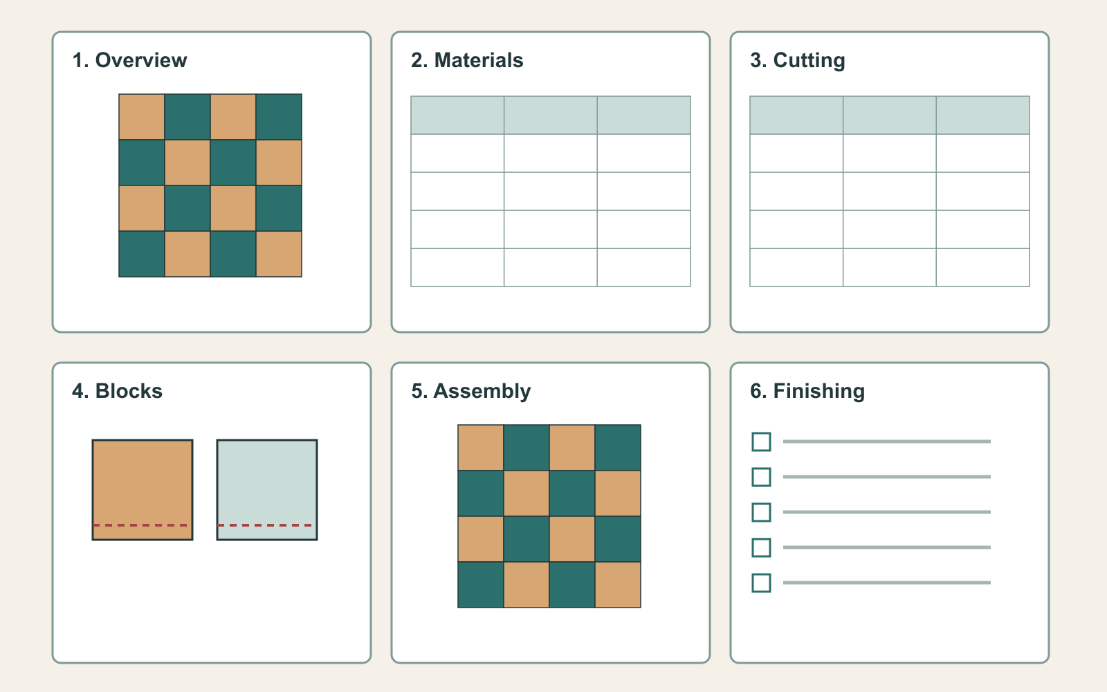 Six schematic pages assigned to overview, materials, cutting, block steps, quilt assembly and finishing