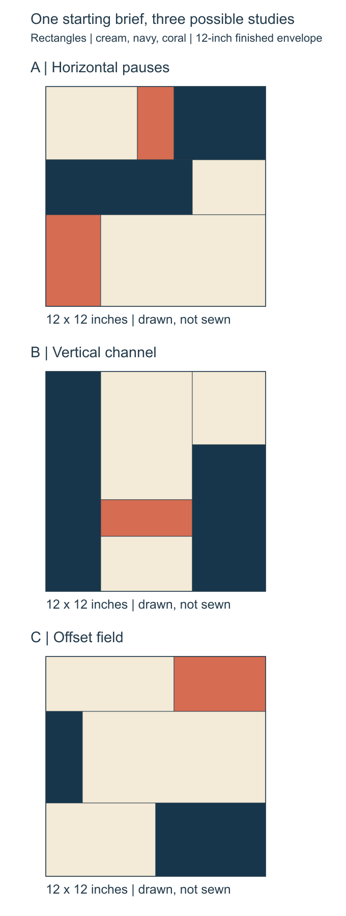 Three original 12-inch-square rectangle studies: horizontal pauses with two coral areas, a vertical channel with one coral area, and an offset field with one coral area