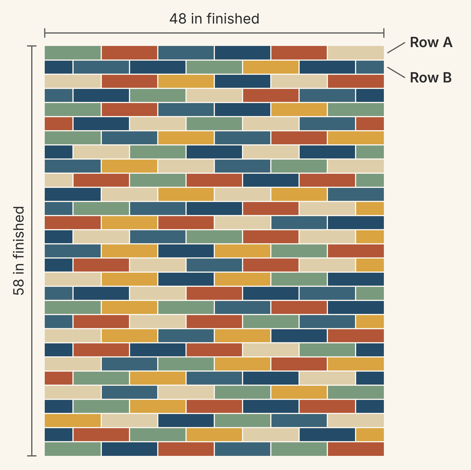 Brick quilt top 48 inches wide and 58 inches long in 29 rows: rows of six 8-inch bricks alternate with rows of five bricks and a 4-inch half brick at each end, in scrappy navy, slate blue, rust, sage, mustard and tan