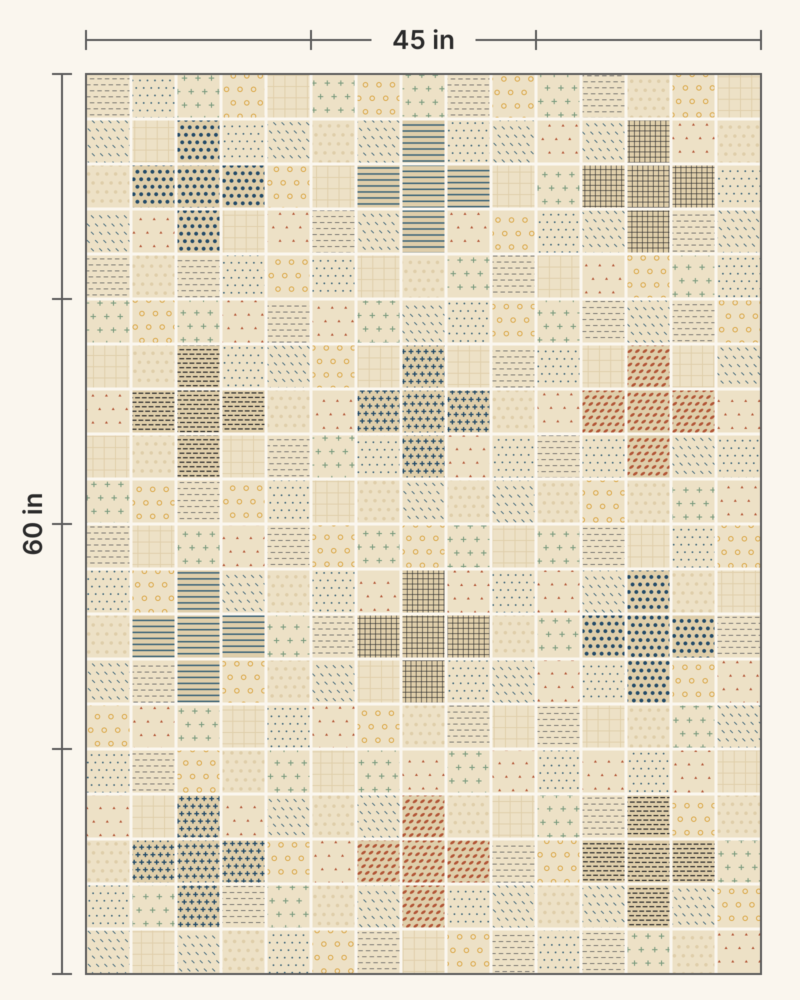 A 45 by 60 inch quilt plan of 300 squares, 3 inches each: twelve plus shapes in six dense tan prints, each print used for two pluses that don't touch, on a field of eight pale cream prints with no two matching squares side by side