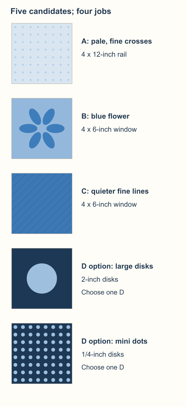 Five drawn blue print candidates show pale fine crosses A, a medium-light flower B, quiet medium-dark lines C, and alternative dark D prints with large pale disks or tiny pale dots