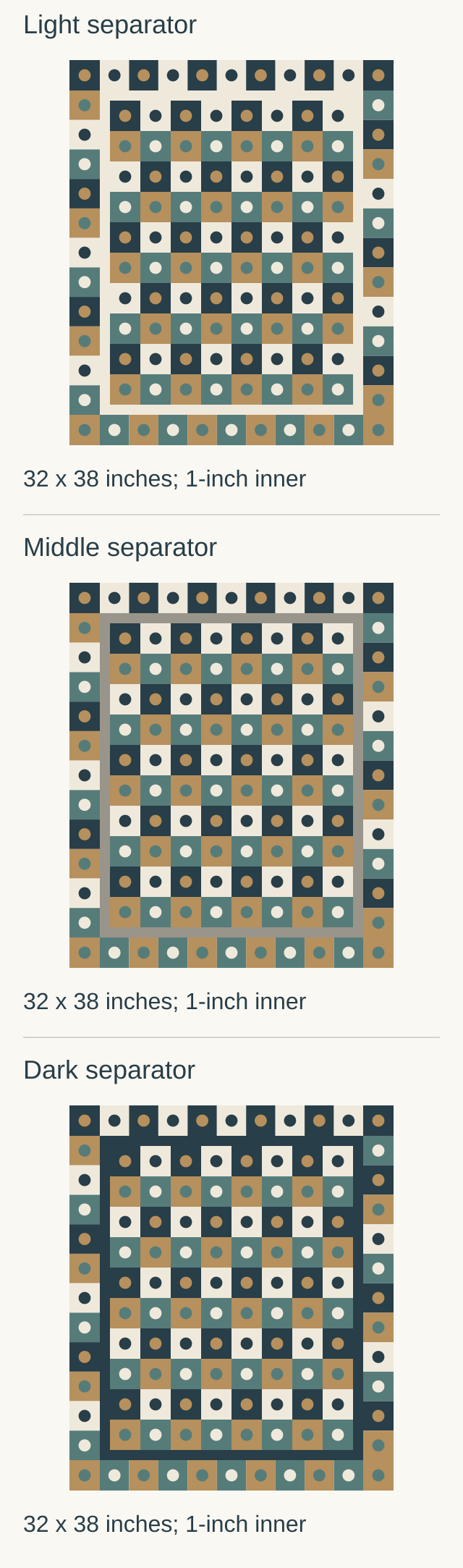 Three identical 32-by-38-inch quilt tops with 1-inch inner borders in light cream, medium gray and dark charcoal