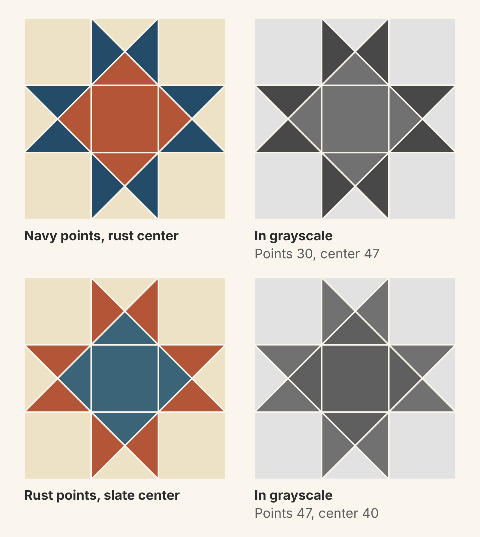 Two Ohio Stars in color and in grayscale. Navy points with a rust center keep three separate grays, lightness 30 and 47. Rust points with a slate blue center read as one dark star shape in grayscale, lightness 47 and 40