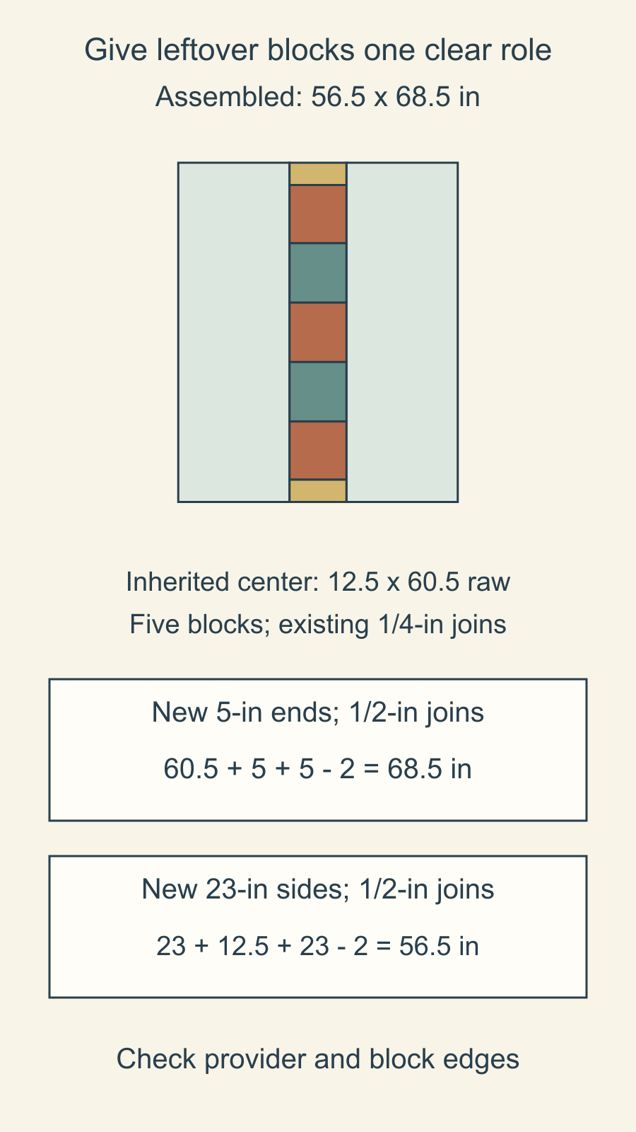 Drawn 56.5 by 68.5-inch backing with a narrow five-block center stripe and end fillers, followed by the separate length and width calculations