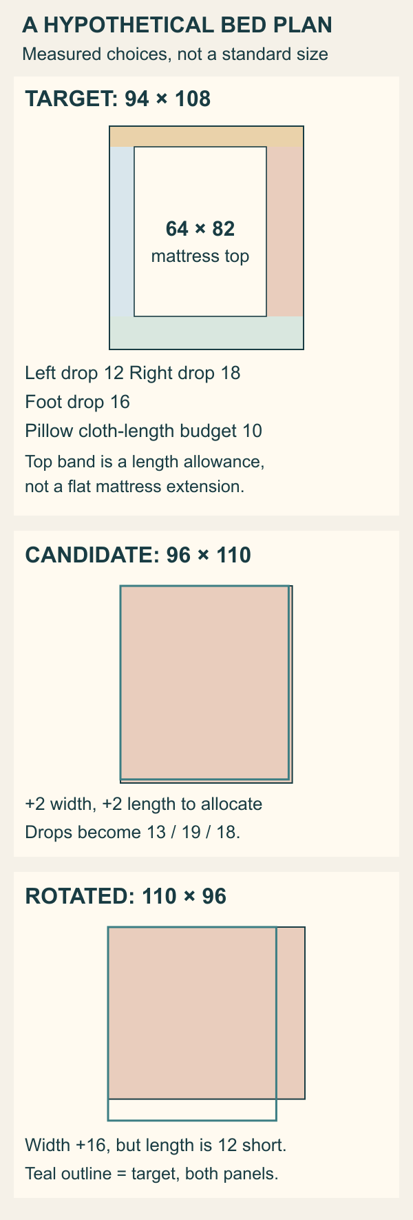 Stacked bed-fit worksheet showing a 94 by 108-inch target around a 64 by 82-inch mattress top, left 12-inch, right 18-inch, foot 16-inch and pillow-length 10-inch allowances, then a 96 by 110-inch candidate with two inches extra on each dimension and its 110 by 96-inch rotated orientation with twelve inches too little length