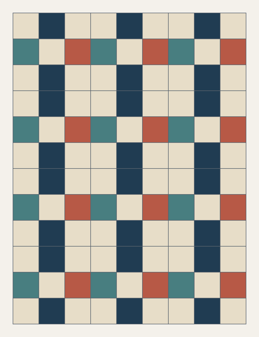 Original twelve-block nine-patch study with three block columns and four rows, containing sixty ivory background squares, twenty-four navy squares, twelve teal squares and twelve coral squares