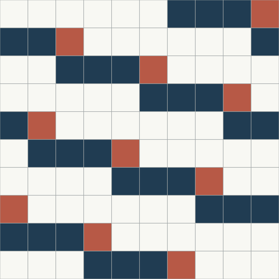 Original ten-by-ten square grid with sixty chalk background squares, thirty navy support squares and ten rust accent squares, arranged in repeated diagonal bands