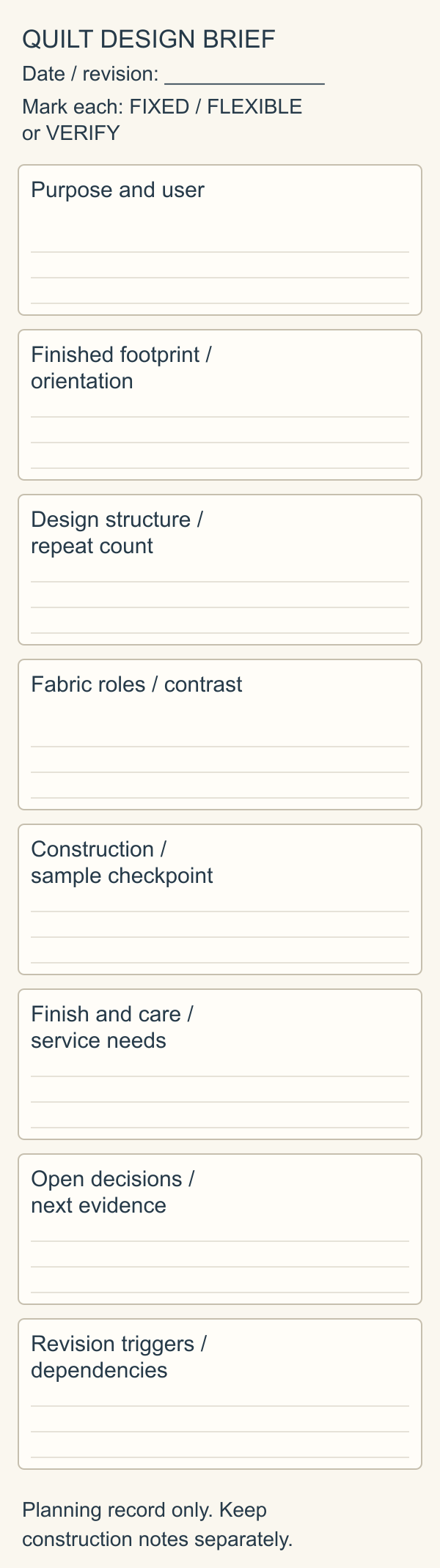 Blank quilt design brief with a date line, a Fixed / Flexible / Verify key and eight boxes: purpose and user, finished footprint, design structure, fabric roles, construction, finish and care, open decisions, and revision triggers