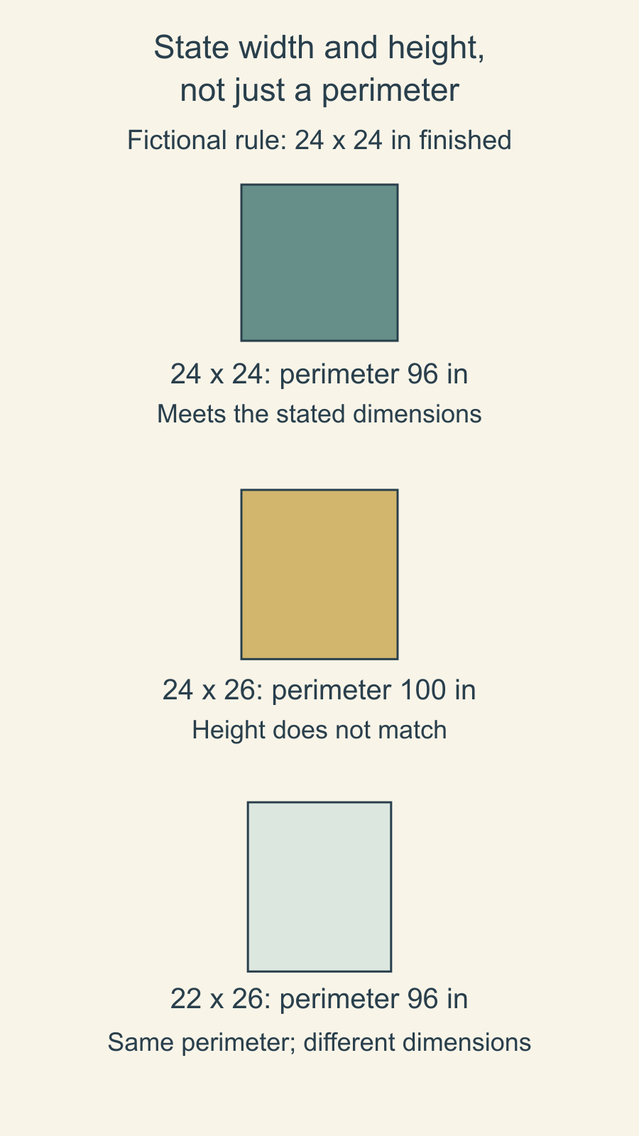 Drawn 24 by 24-inch, 24 by 26-inch and 22 by 26-inch challenge candidates show that equal perimeter does not imply the same required width and height