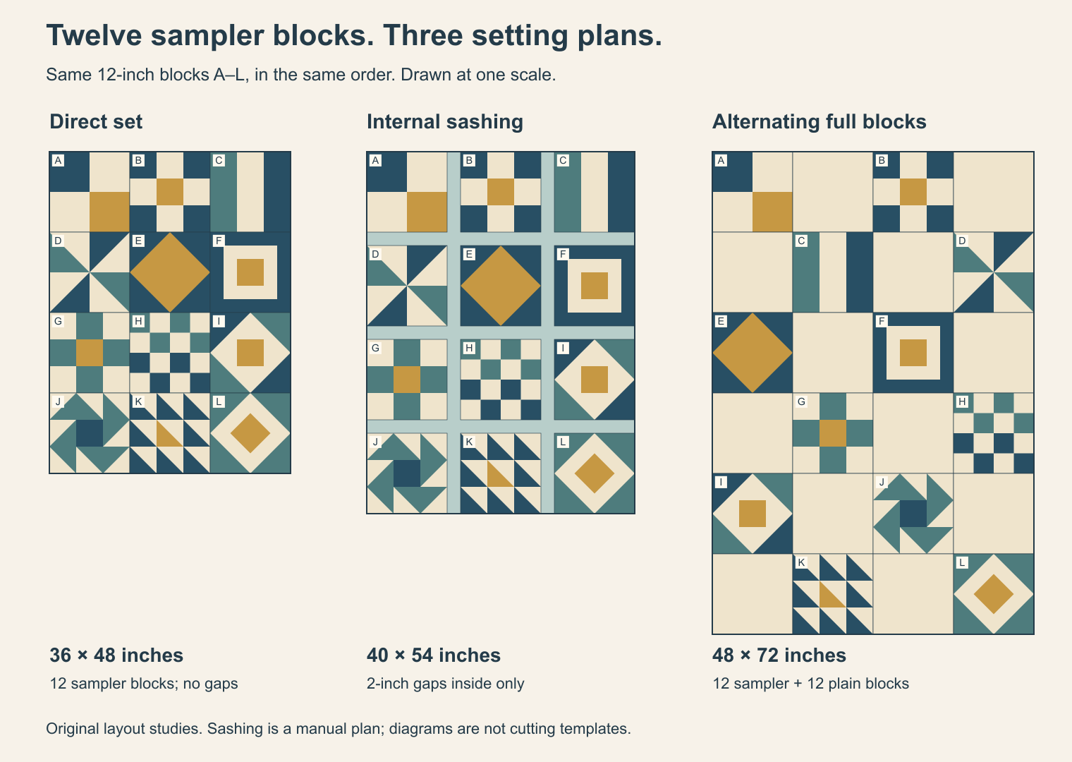 Original diagrams of blocks A through L in a 36 by 48-inch direct set, a 40 by 54-inch internally sashed set, and a 48 by 72-inch alternating-block set