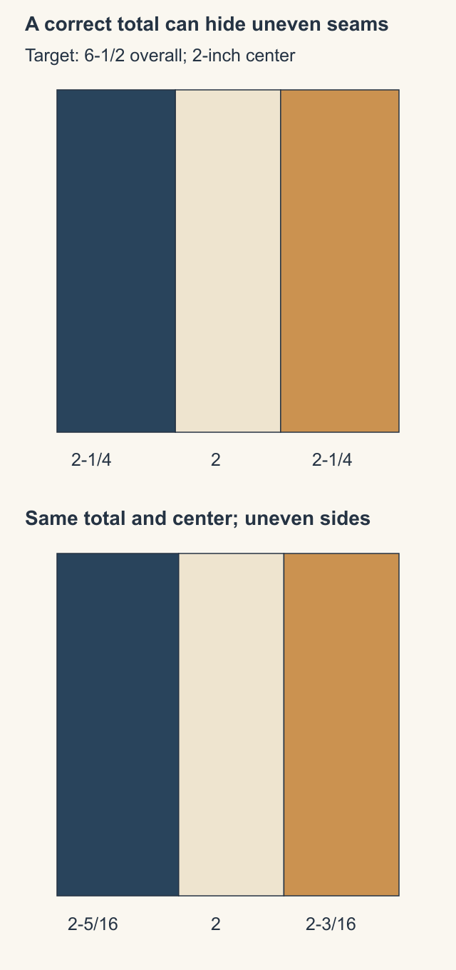 Two drawn pressed units both total 6.5 inches with a 2-inch center, but the lower unit has uneven 2-5/16 and 2-3/16-inch outside bands