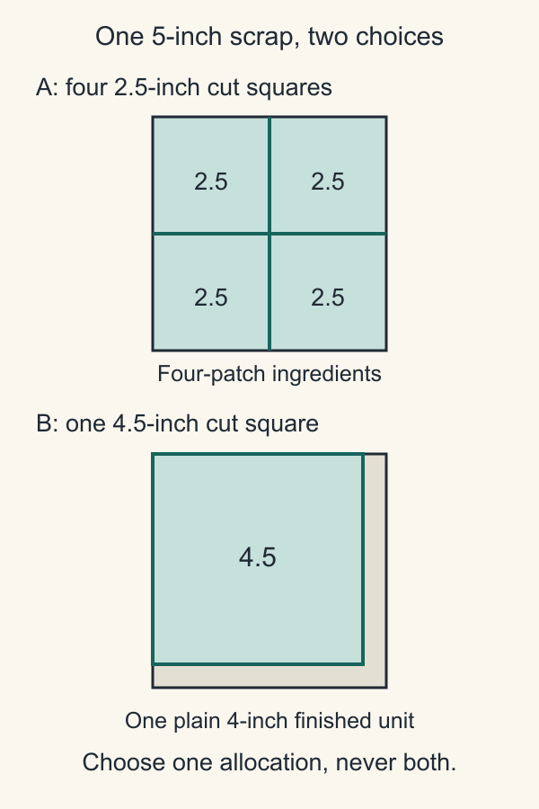 Two separate cutting options for one five-inch square: four two-and-a-half-inch squares, or one four-and-a-half-inch square with narrow leftovers