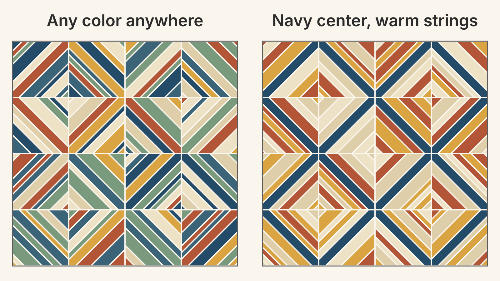 Two sections of 16 string blocks, each 4 by 4 blocks and 36 inches square, with every other block turned. With any color anywhere the center strips blend into the strings. With a navy center and only rust, mustard, tan and cream strings, the centers form a lattice of diamonds.