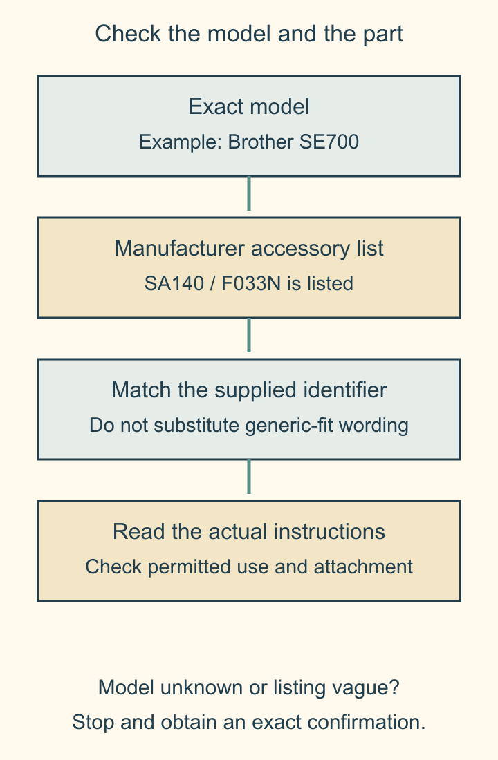A compatibility decision flow from exact machine model to manufacturer accessory list, matching part number and applicable attachment instructions, and a reminder to seek confirmation when the model or listing is unclear