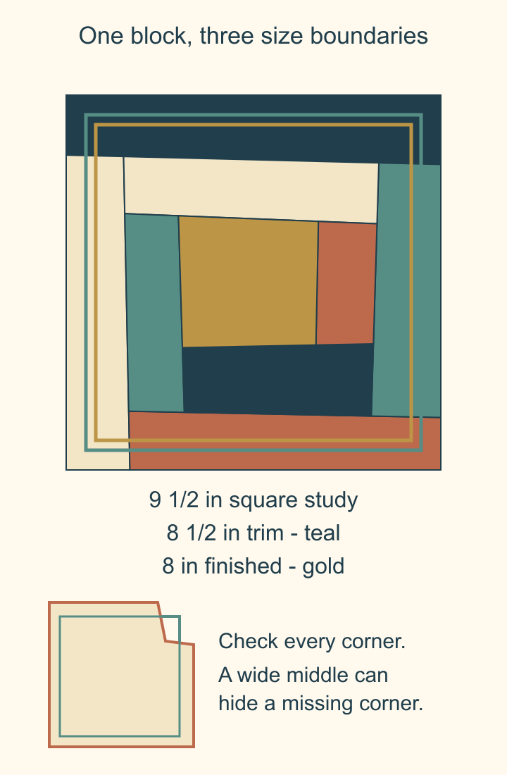 A 9 1/2-inch square containing a centered 8 1/2-inch trimming square and an 8-inch finished square, plus an irregular edge that misses a trim corner
